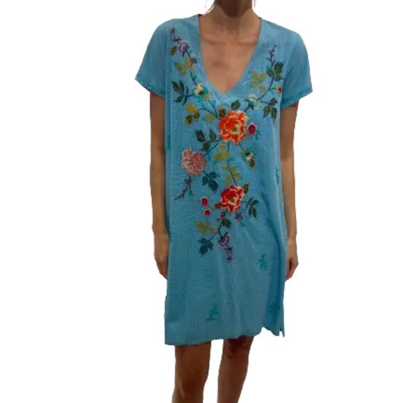 Johnny Was Adele Drape Tunic Dress Floral Embroidery Flowers White Ramie New - Picture 7 of 7